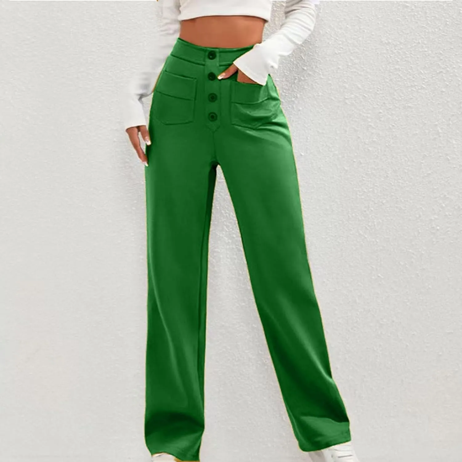 Womens High Waisted Button Pants Front Pocket Casual Loose Fit Outdoor Fashion Streetwear Straight Leg Causal Trouser
