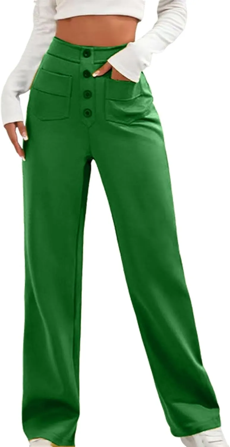 Womens High Waisted Button Pants Front Pocket Casual Loose Fit Outdoor Fashion Streetwear Straight Leg Causal Trouser