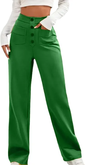 Womens High Waisted Button Pants Front Pocket Casual Loose Fit Outdoor Fashion Streetwear Straight Leg Causal Trouser