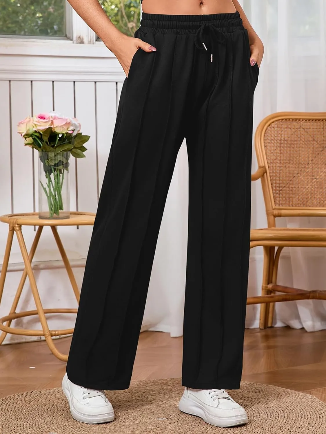 Women's High Waisted Drawstring Waist Wide Leg Solid Color Pants Sweatpants Casual Loose Yoga Pants with Pockets