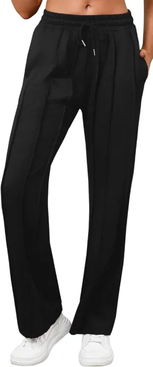 Women's High Waisted Drawstring Waist Wide Leg Solid Color Pants Sweatpants Casual Loose Yoga Pants with Pockets