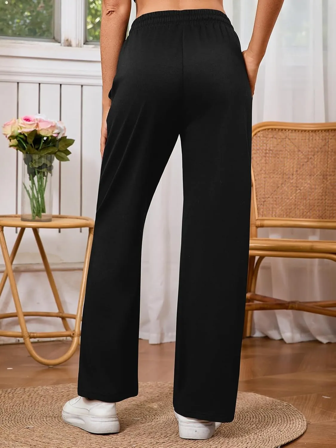 Women's High Waisted Drawstring Waist Wide Leg Solid Color Pants Sweatpants Casual Loose Yoga Pants with Pockets