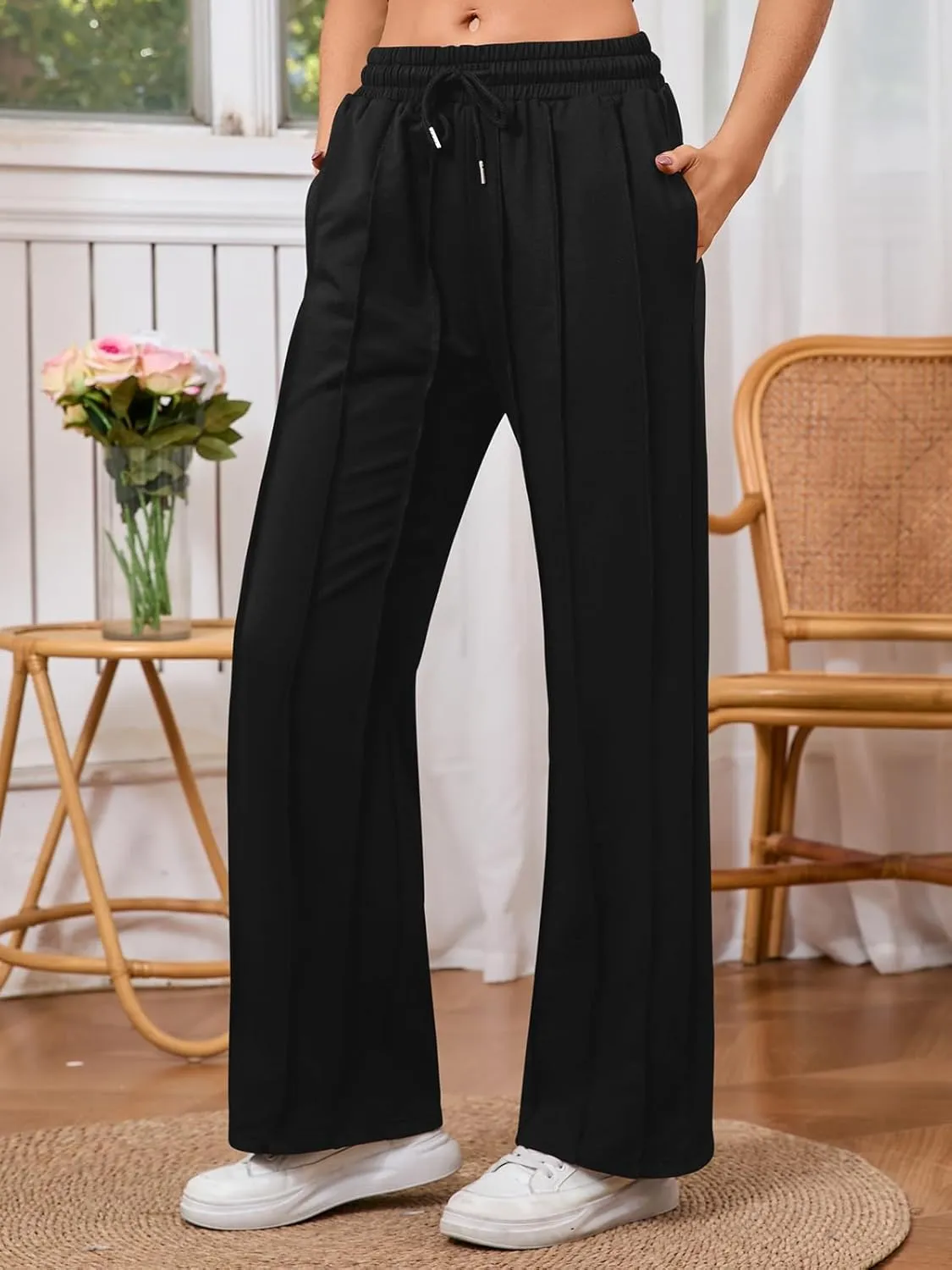 Women's High Waisted Drawstring Waist Wide Leg Solid Color Pants Sweatpants Casual Loose Yoga Pants with Pockets