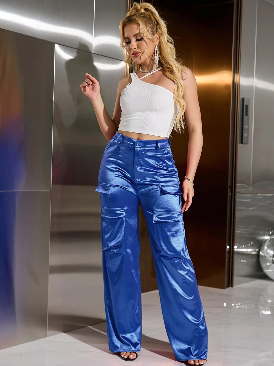 Womens High Waisted Satin Cargo Pants Loose Fit Wide Leg Trousers with Pockets Trendy Outfit