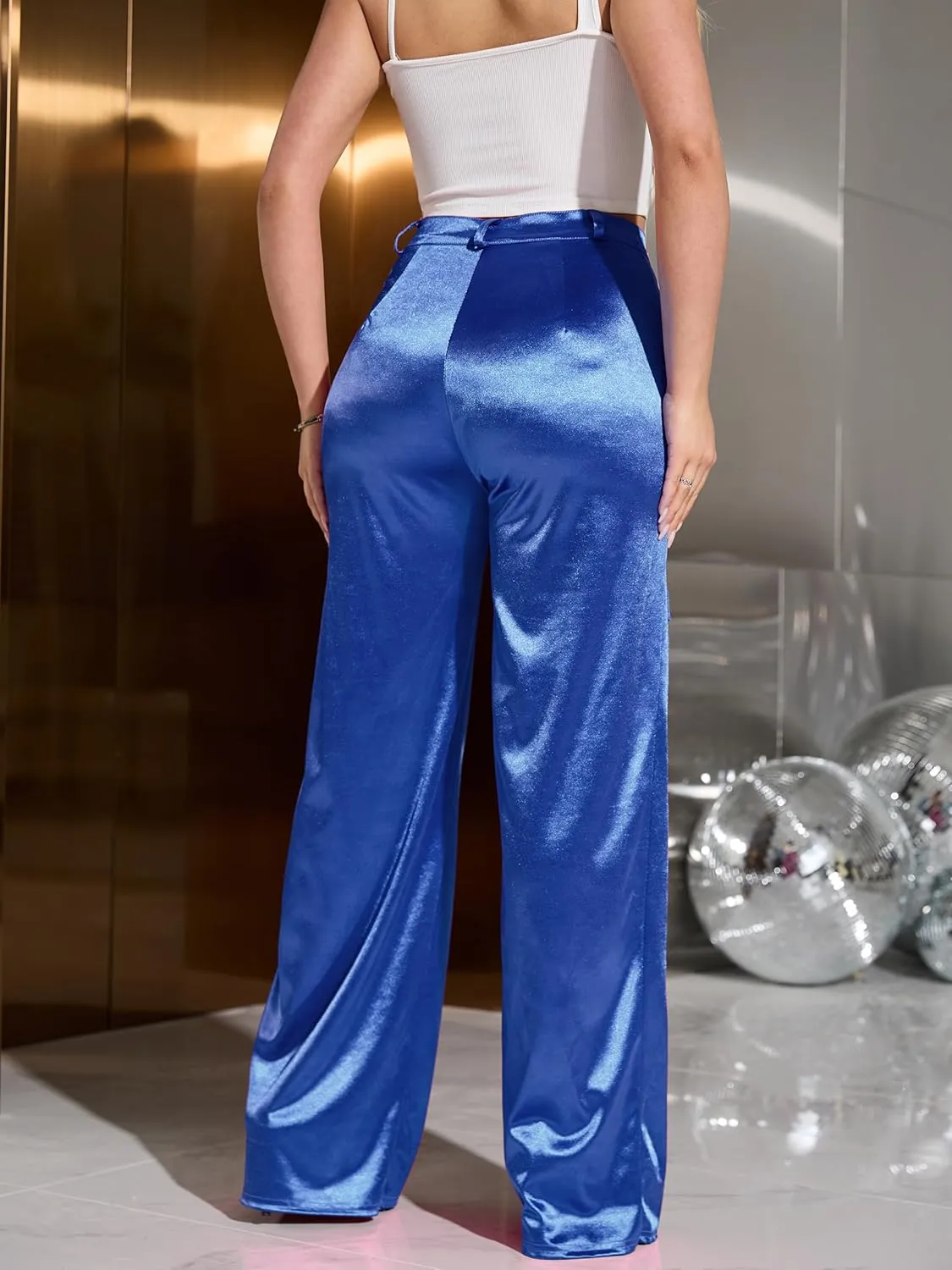 Womens High Waisted Satin Cargo Pants Loose Fit Wide Leg Trousers with Pockets Trendy Outfit