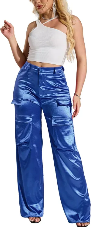 Womens High Waisted Satin Cargo Pants Loose Fit Wide Leg Trousers with Pockets Trendy Outfit