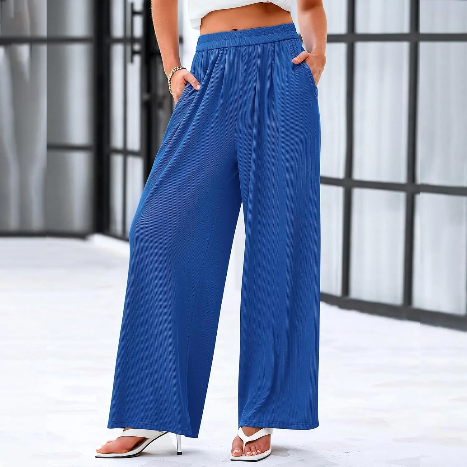 Womens High Waisted Wide Leg Linen Pants Plus Size Stylish Casual Loose Trouser Beach Vacation Boho Flowy Lounge Pant