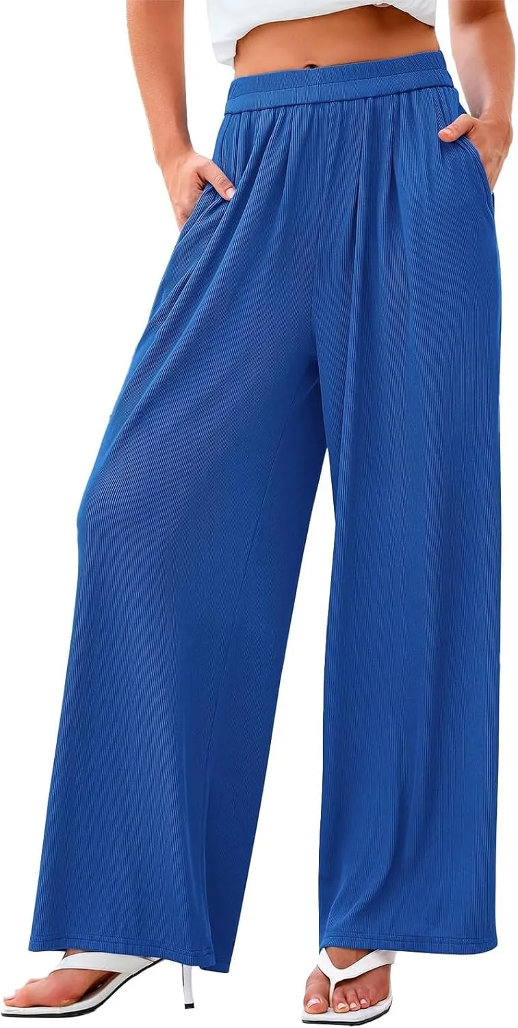 Womens High Waisted Wide Leg Linen Pants Plus Size Stylish Casual Loose Trouser Beach Vacation Boho Flowy Lounge Pant