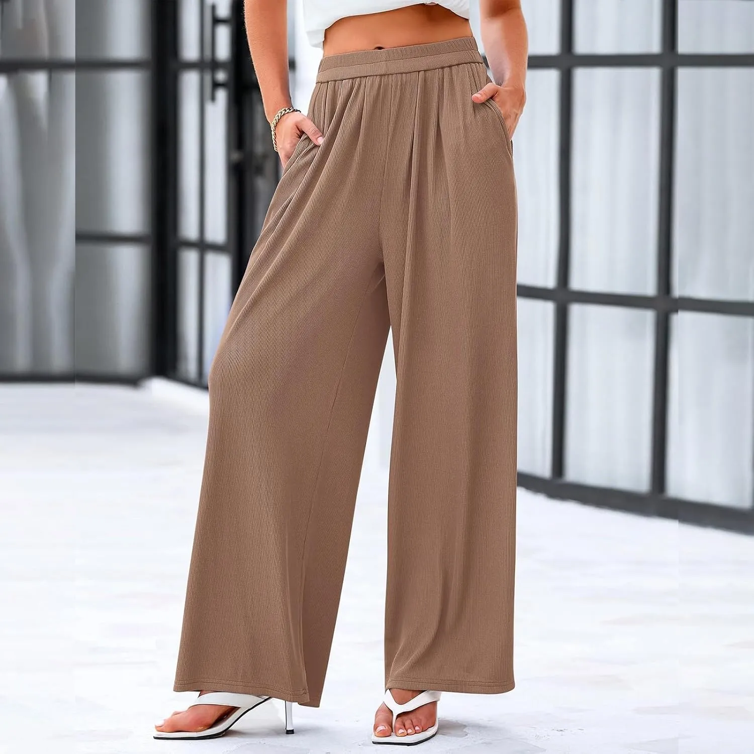 Womens High Waisted Wide Leg Linen Pants Plus Size Stylish Casual Loose Trouser Beach Vacation Boho Flowy Lounge Pant