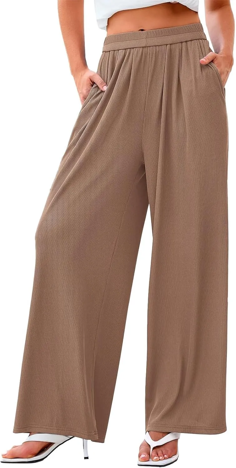Womens High Waisted Wide Leg Linen Pants Plus Size Stylish Casual Loose Trouser Beach Vacation Boho Flowy Lounge Pant