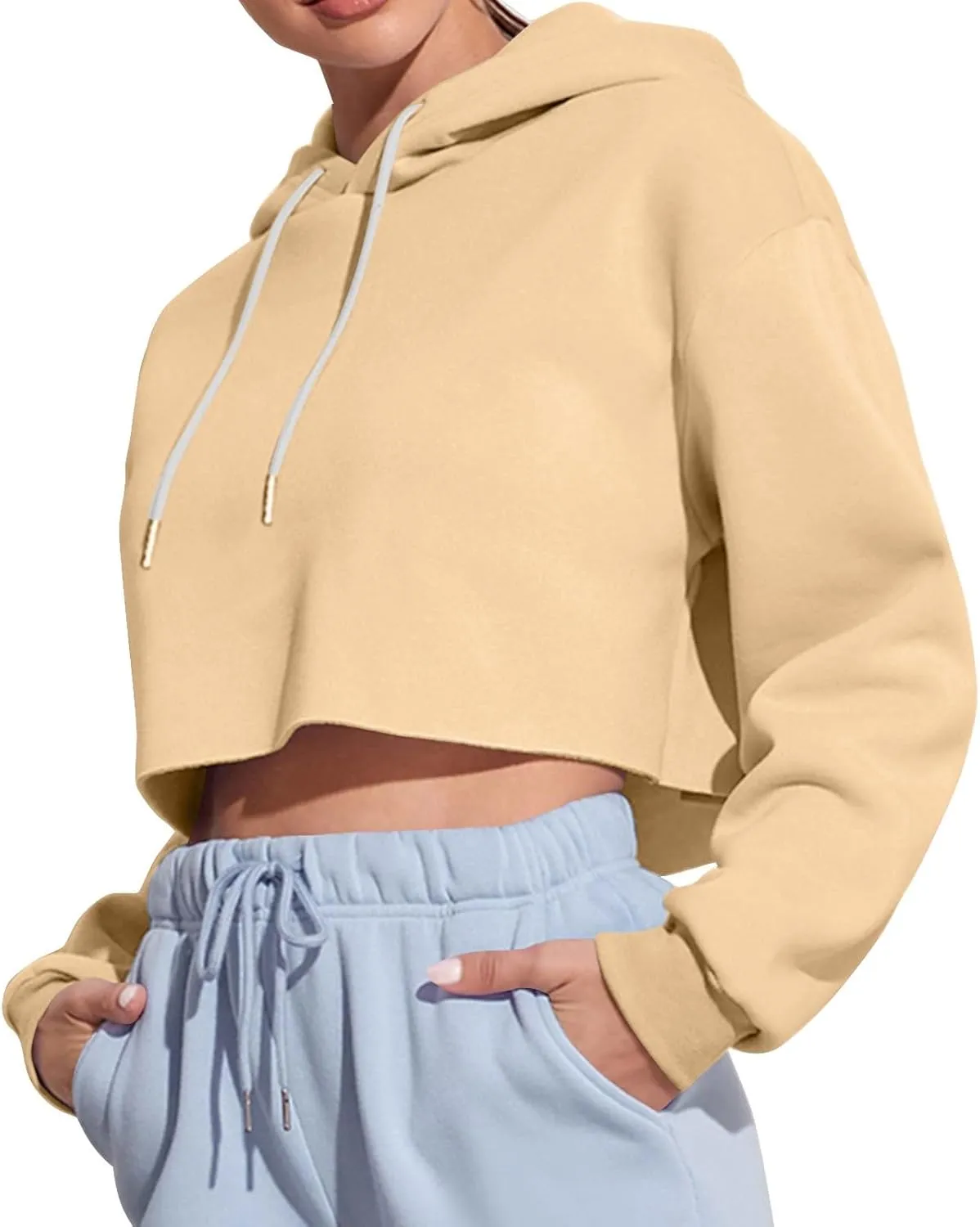 Womens Hoodies Long Sleeve Cropped Hoodies Pullover Drop Shoulder Drawstring Comfort Fall Sweatshirts Cute Hoodies