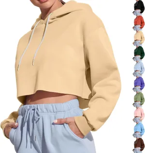 Womens Hoodies Long Sleeve Cropped Hoodies Pullover Drop Shoulder Drawstring Comfort Fall Sweatshirts Cute Hoodies