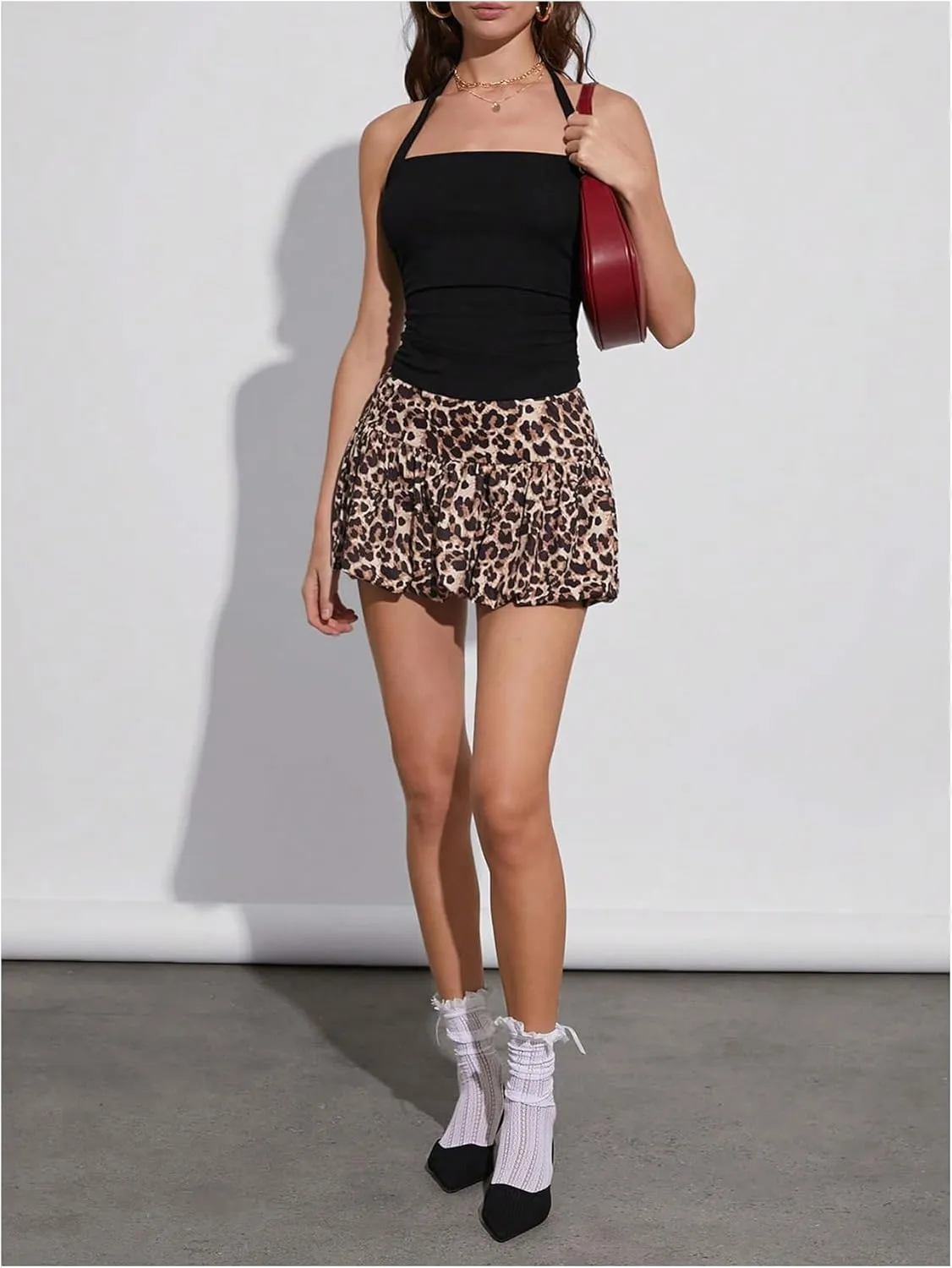 Women's Leopard Print Bubble Mini Skirts Y2k Cheetah Pleated Puffy Skirt