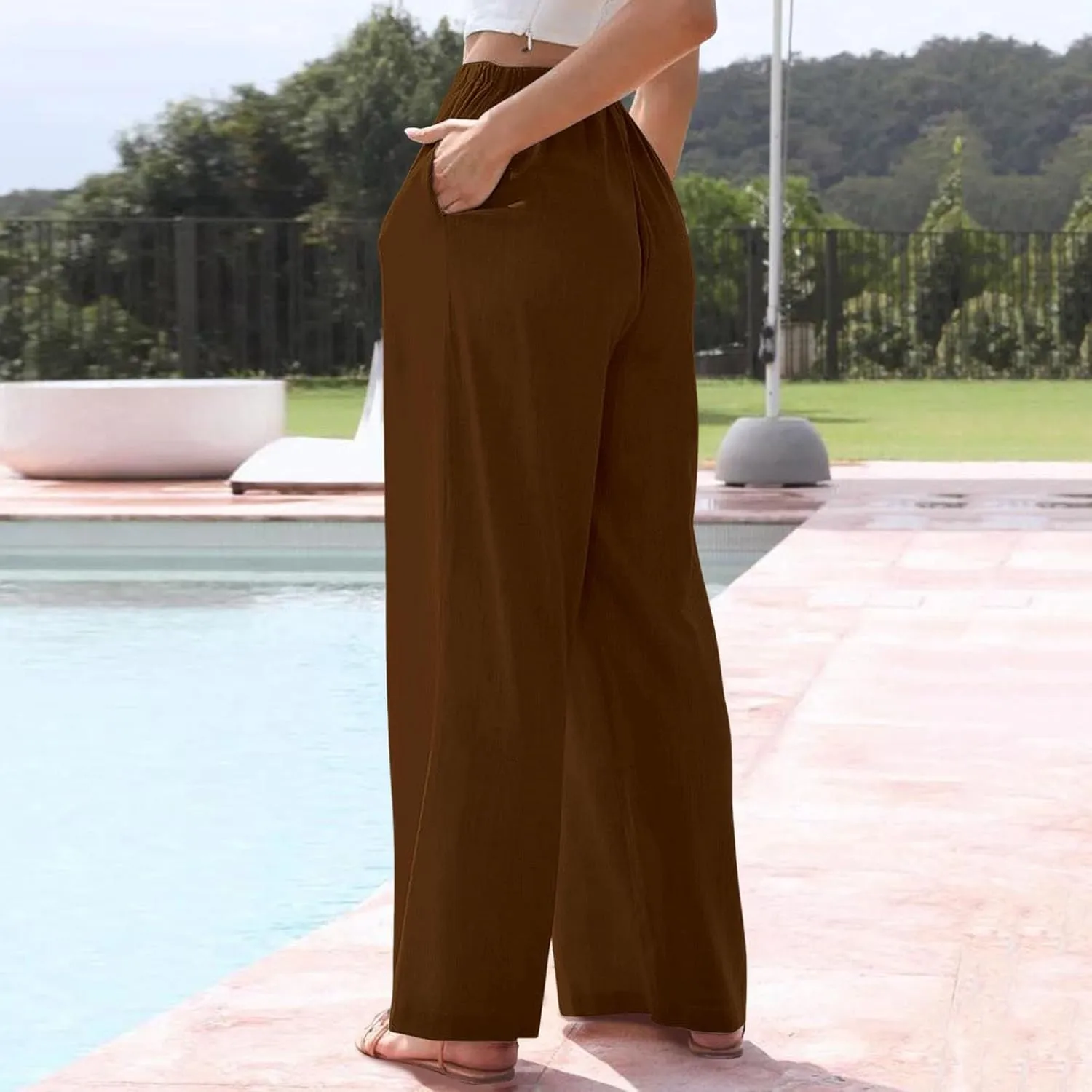 Womens Linen Floral Print Wide Leg Pants Summer Vacation Beach Boho Flowy Relax Beachwear Office Work Casual Trousers
