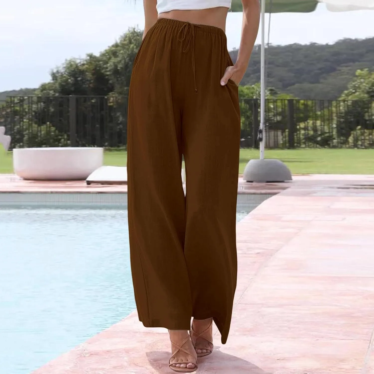 Womens Linen Floral Print Wide Leg Pants Summer Vacation Beach Boho Flowy Relax Beachwear Office Work Casual Trousers