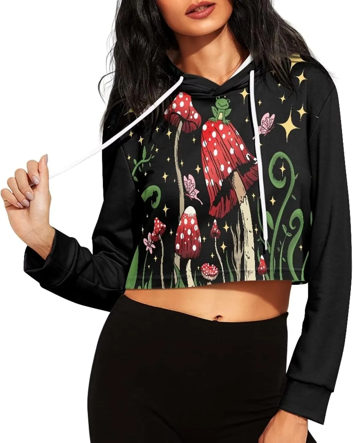 Womens Long Sleeve Crop Top Hoodies Drawstring Crop Top Sweatshirts for Teen Girls