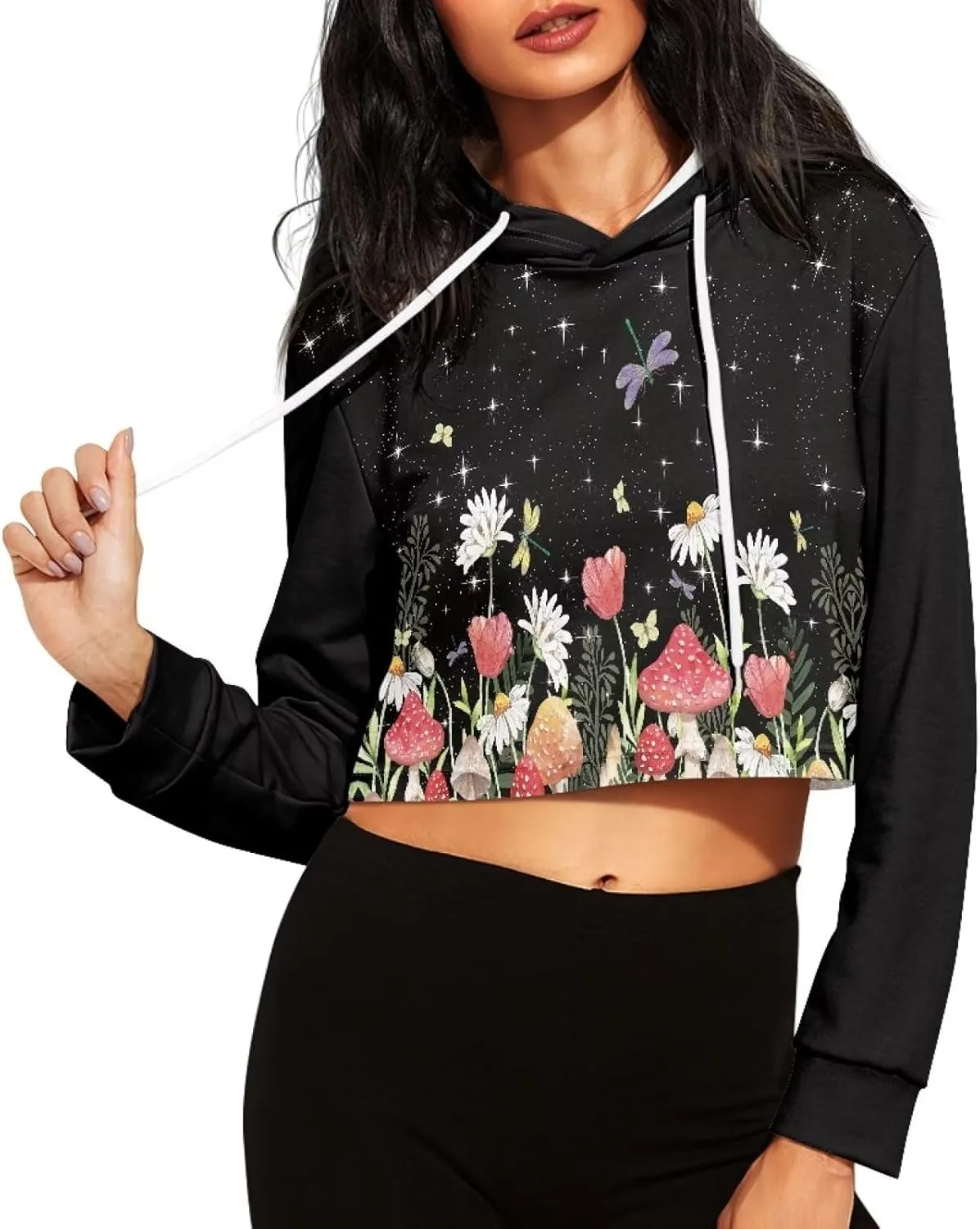 Womens Long Sleeve Crop Top Hoodies Drawstring Crop Top Sweatshirts for Teen Girls