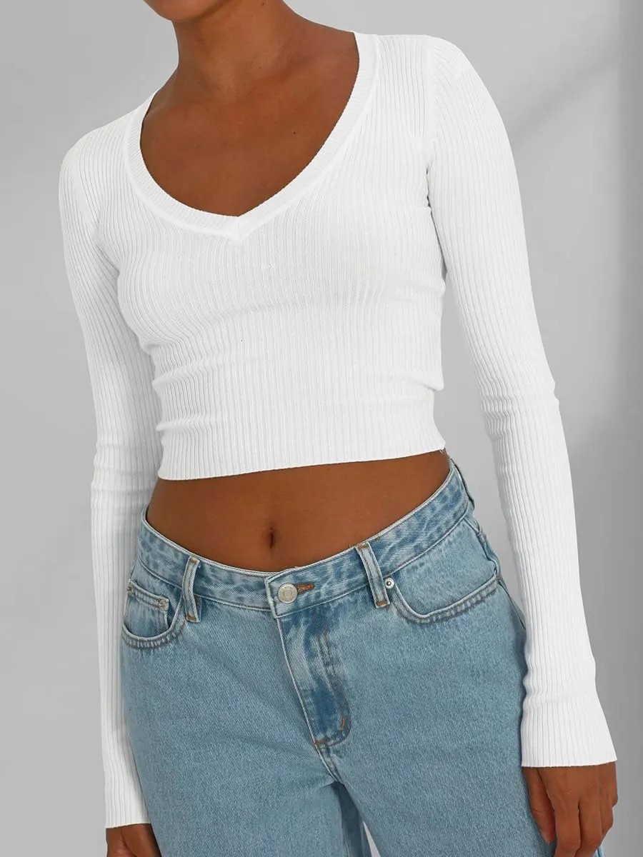 Women's Long Sleeve Sexy V Neck Slim Fit T Shirts Y2k Style Ribbed Knit Solid Color Casual Basic Tee Tops