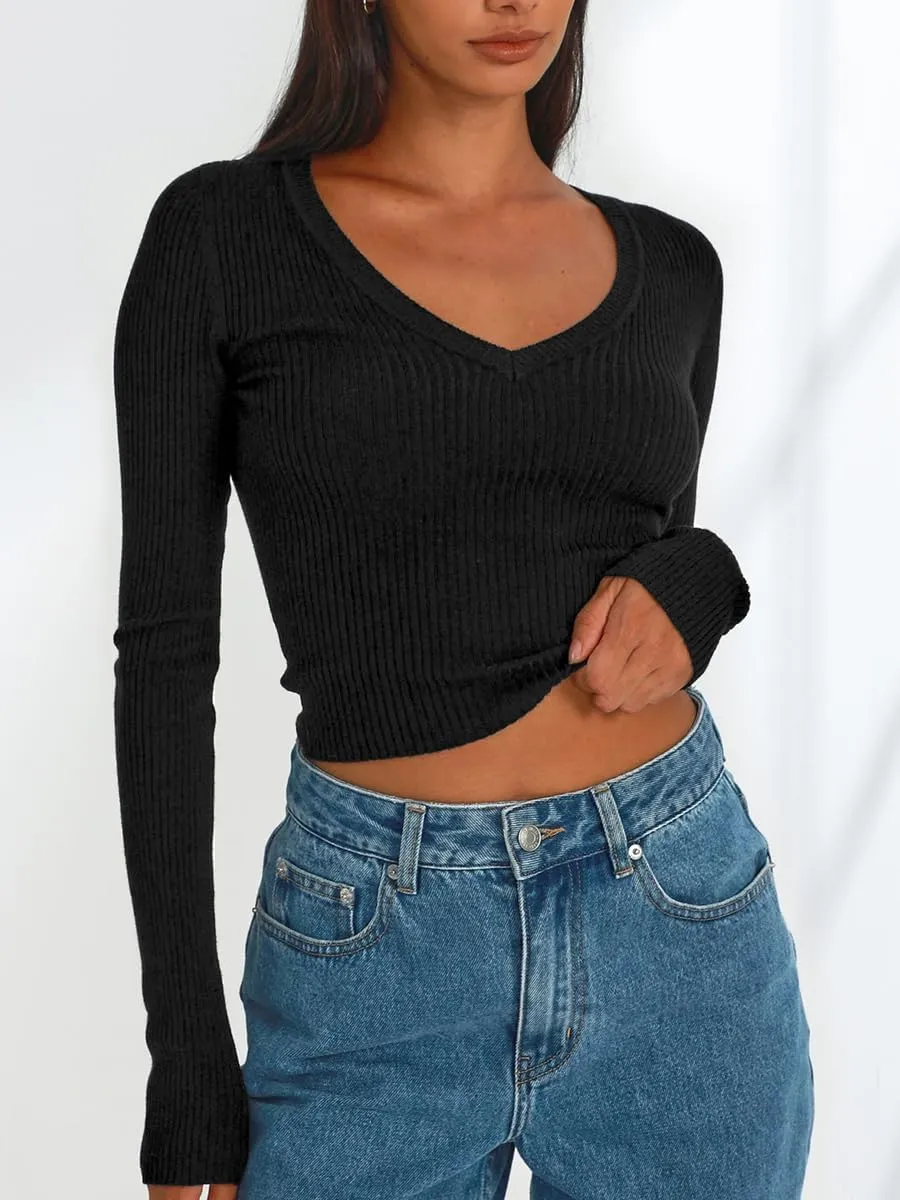 Women's Long Sleeve Sexy V Neck Slim Fit T Shirts Y2k Style Ribbed Knit Solid Color Casual Basic Tee Tops