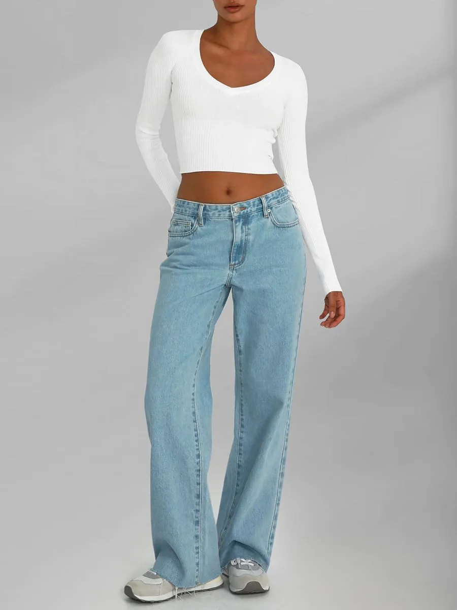 Women's Long Sleeve Sexy V Neck Slim Fit T Shirts Y2k Style Ribbed Knit Solid Color Casual Basic Tee Tops