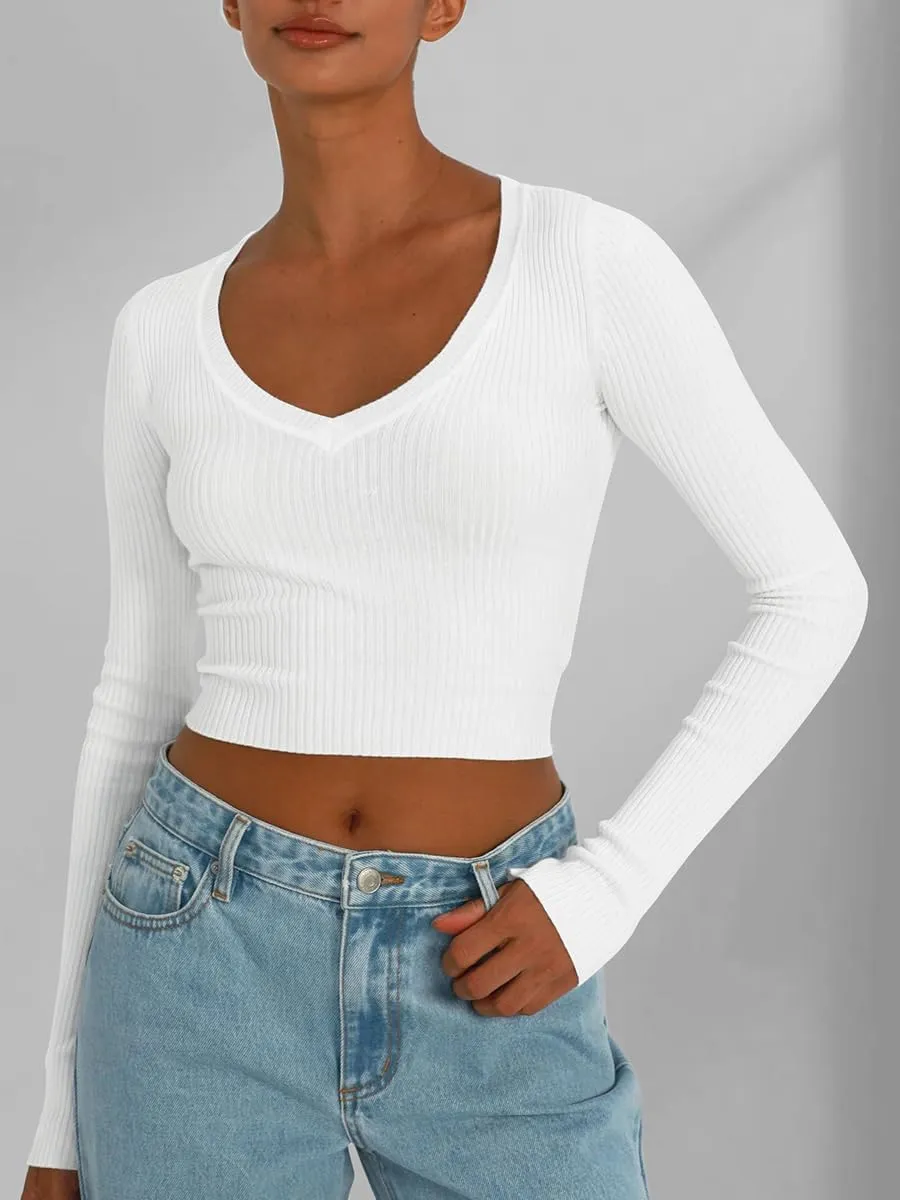 Women's Long Sleeve Sexy V Neck Slim Fit T Shirts Y2k Style Ribbed Knit Solid Color Casual Basic Tee Tops