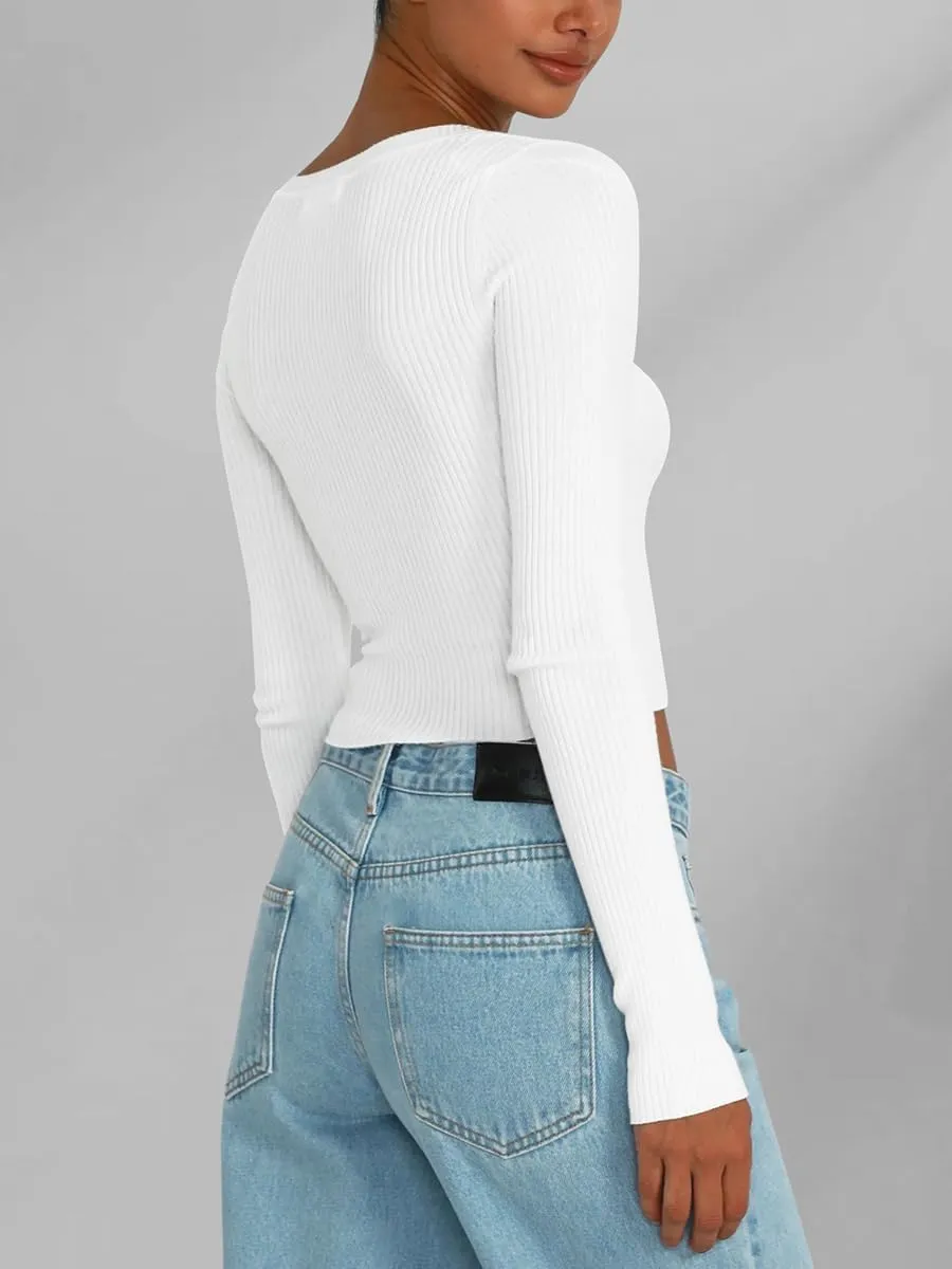 Women's Long Sleeve Sexy V Neck Slim Fit T Shirts Y2k Style Ribbed Knit Solid Color Casual Basic Tee Tops