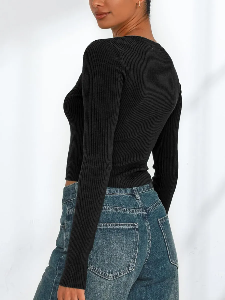 Women's Long Sleeve Sexy V Neck Slim Fit T Shirts Y2k Style Ribbed Knit Solid Color Casual Basic Tee Tops