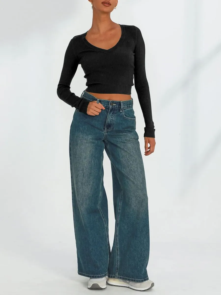 Women's Long Sleeve Sexy V Neck Slim Fit T Shirts Y2k Style Ribbed Knit Solid Color Casual Basic Tee Tops