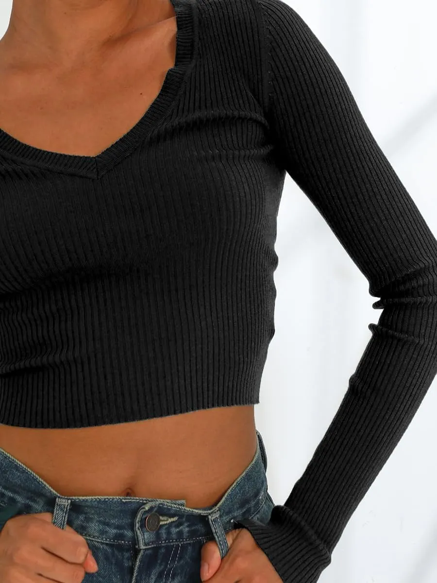 Women's Long Sleeve Sexy V Neck Slim Fit T Shirts Y2k Style Ribbed Knit Solid Color Casual Basic Tee Tops