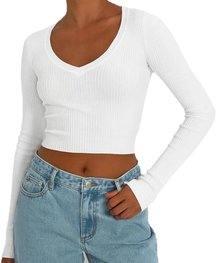 Women's Long Sleeve Sexy V Neck Slim Fit T Shirts Y2k Style Ribbed Knit Solid Color Casual Basic Tee Tops