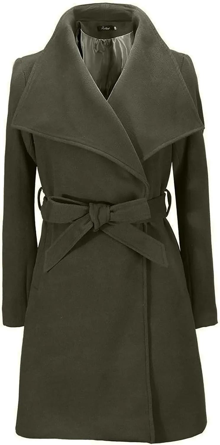 Womens Long Wool Coats Casual Lapel Collar Slim Fit Pea Coat Winter Long Sleeve Trench Coat Long Outerwear with Belt