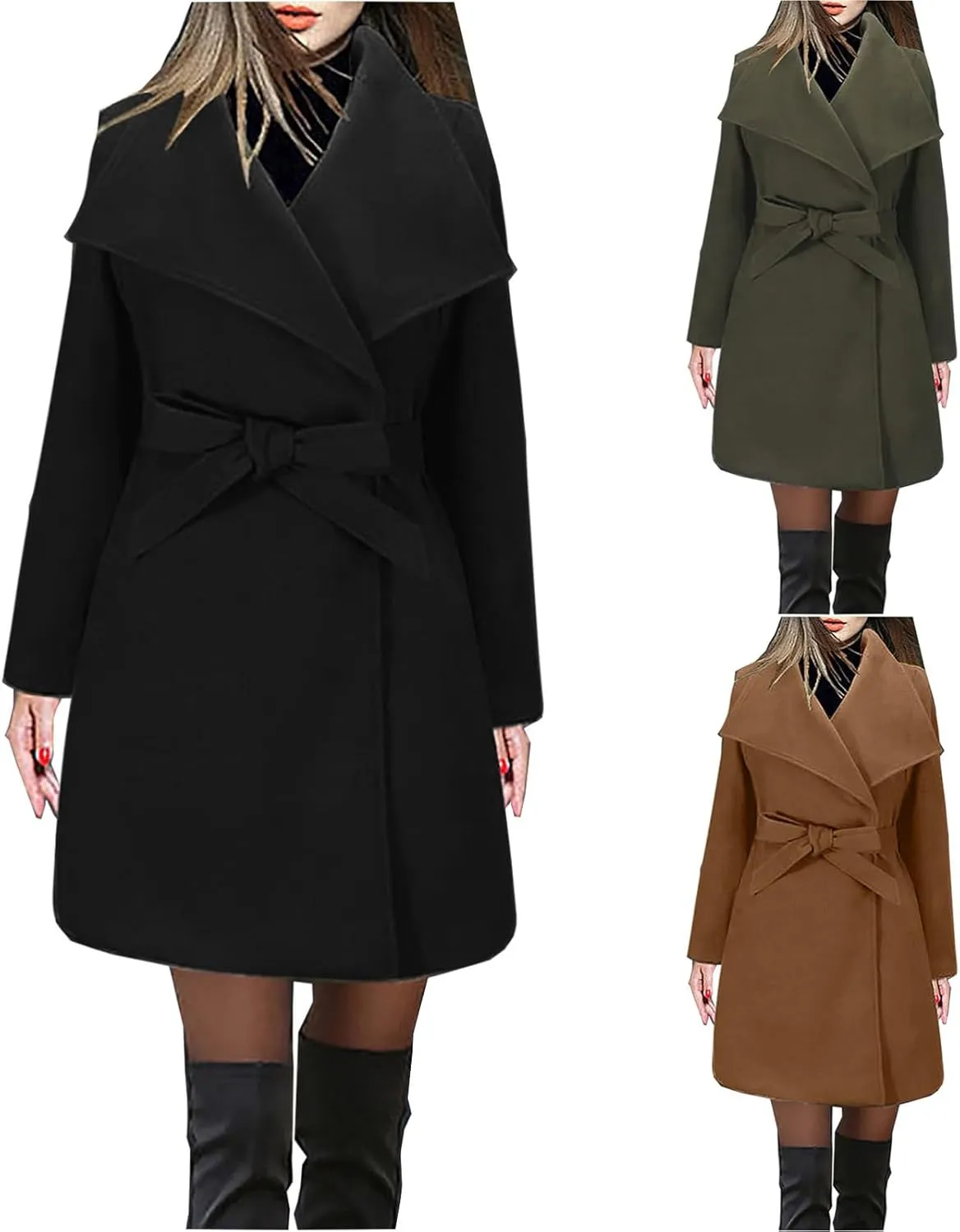 Womens Long Wool Coats Casual Lapel Collar Slim Fit Pea Coat Winter Long Sleeve Trench Coat Long Outerwear with Belt