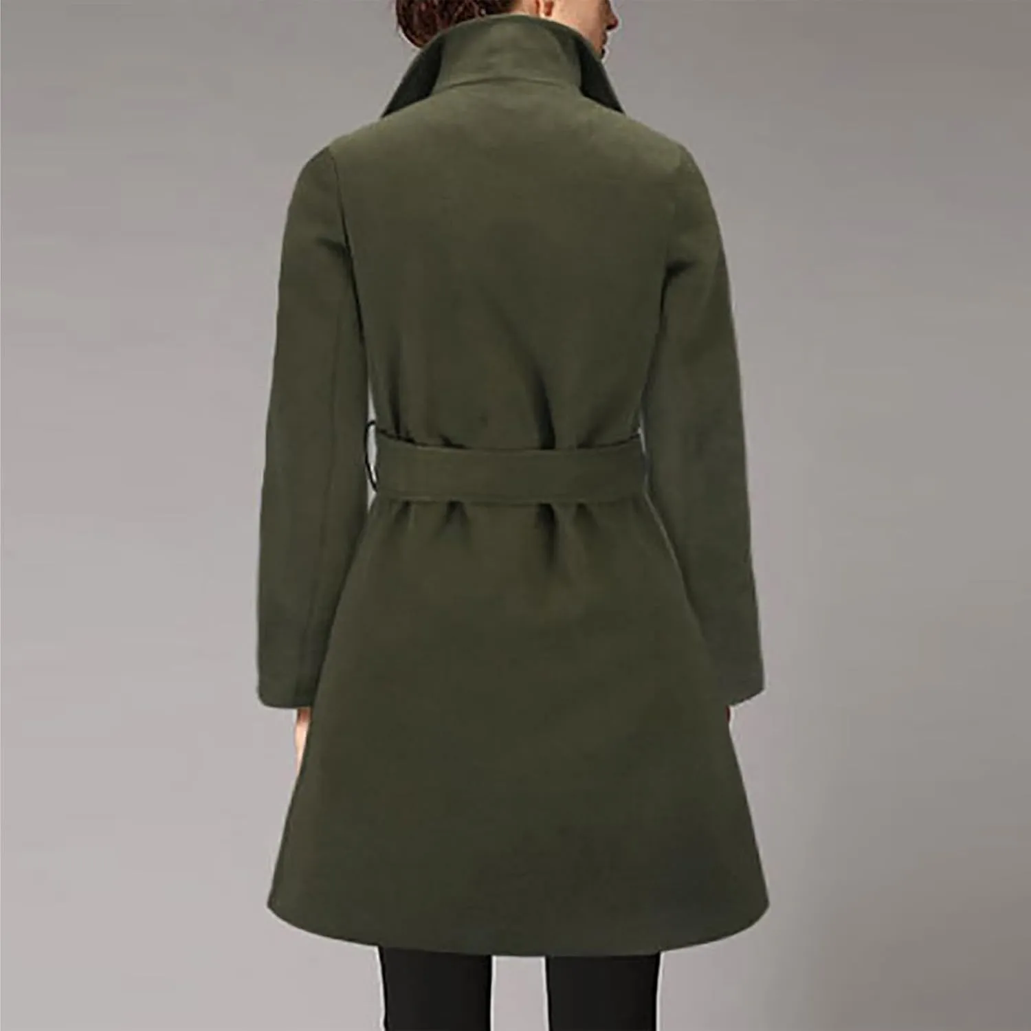 Womens Long Wool Coats Casual Lapel Collar Slim Fit Pea Coat Winter Long Sleeve Trench Coat Long Outerwear with Belt