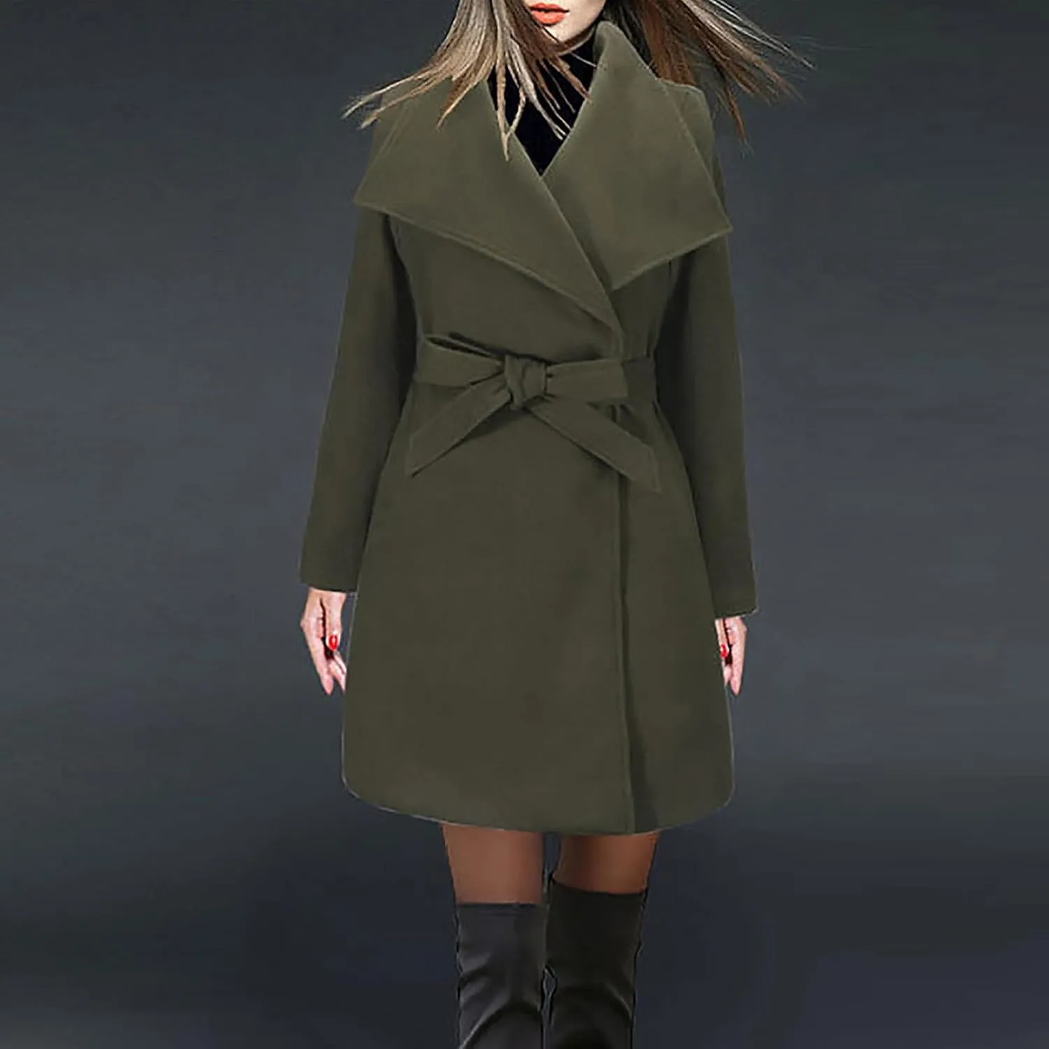 Womens Long Wool Coats Casual Lapel Collar Slim Fit Pea Coat Winter Long Sleeve Trench Coat Long Outerwear with Belt