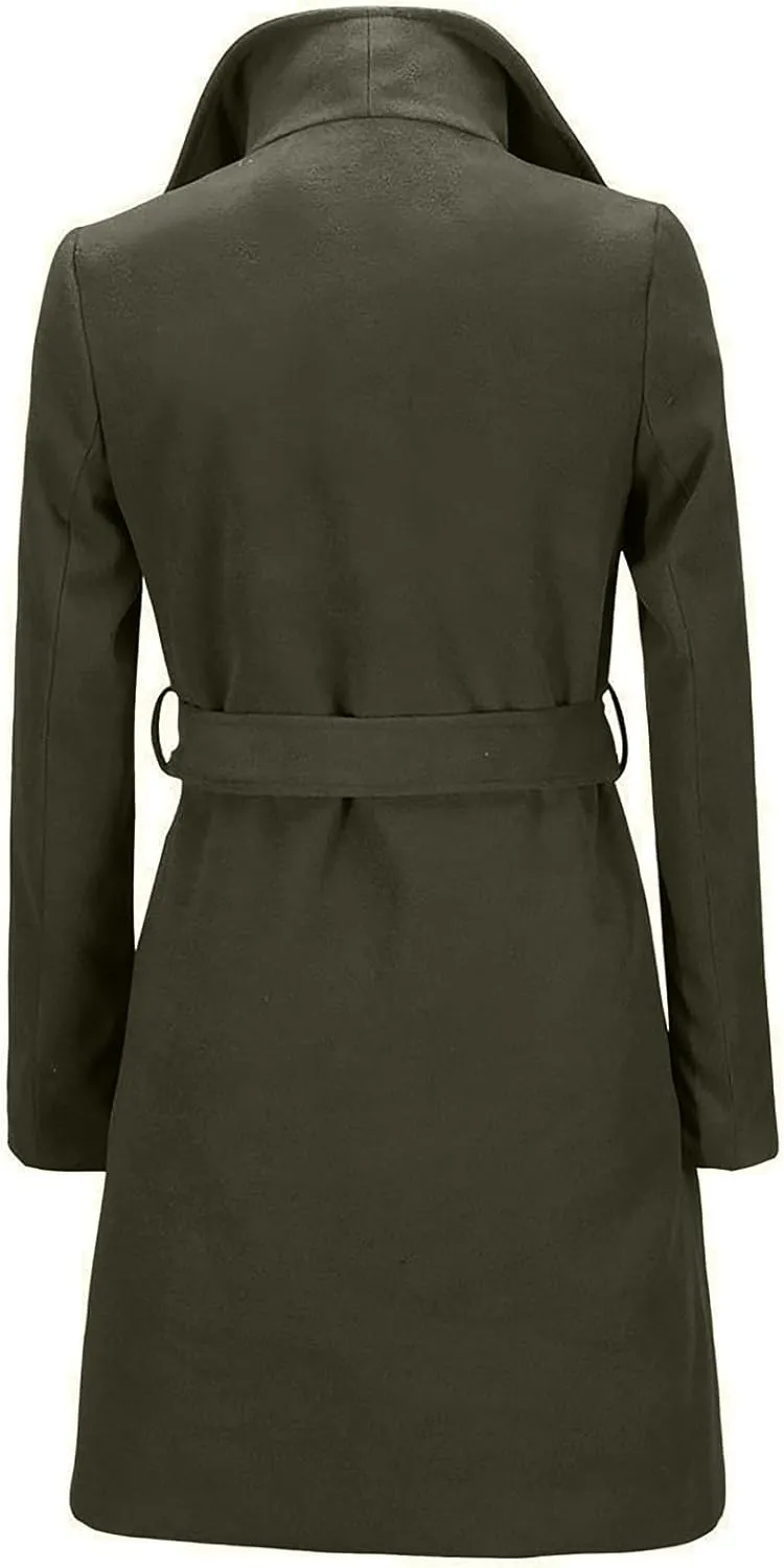 Womens Long Wool Coats Casual Lapel Collar Slim Fit Pea Coat Winter Long Sleeve Trench Coat Long Outerwear with Belt