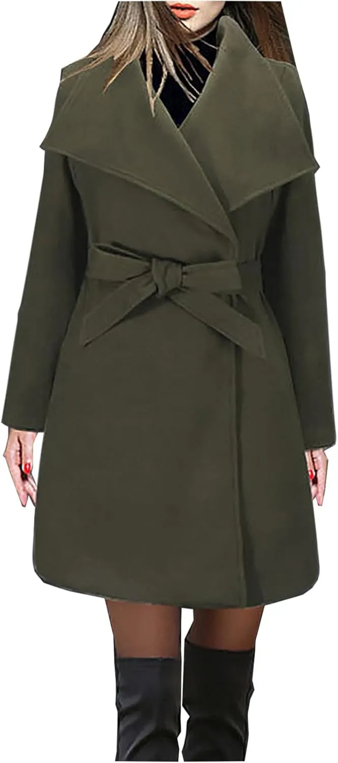Womens Long Wool Coats Casual Lapel Collar Slim Fit Pea Coat Winter Long Sleeve Trench Coat Long Outerwear with Belt