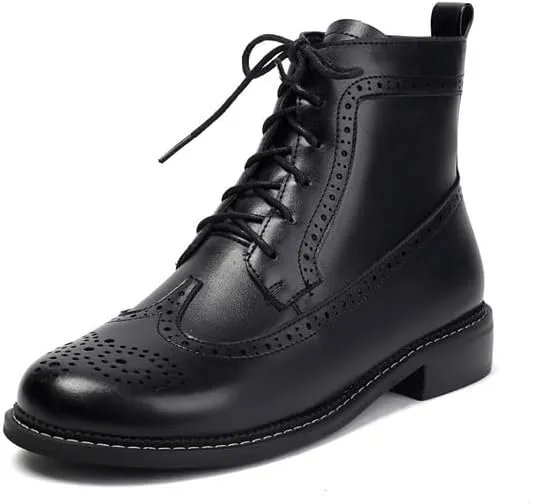 Women's Low Heel Lace Up Combat Boots Women Military Oxfords Low Heel Side Zipper Round Toe Brogue Ankle Boots