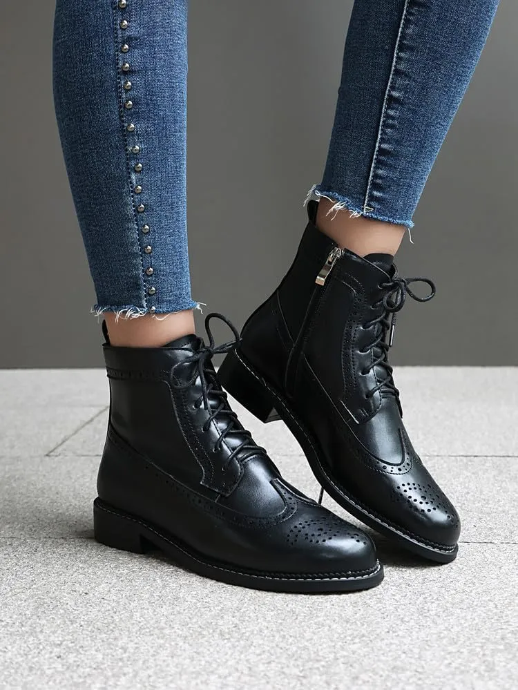 Women's Low Heel Lace Up Combat Boots Women Military Oxfords Low Heel Side Zipper Round Toe Brogue Ankle Boots