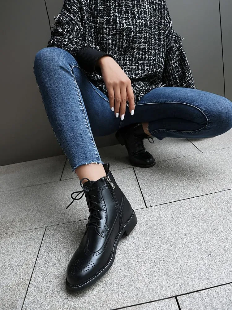 Women's Low Heel Lace Up Combat Boots Women Military Oxfords Low Heel Side Zipper Round Toe Brogue Ankle Boots