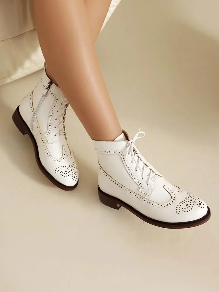 Women's Low Heel Lace Up Combat Boots Women Military Oxfords Low Heel Side Zipper Round Toe Brogue Ankle Boots