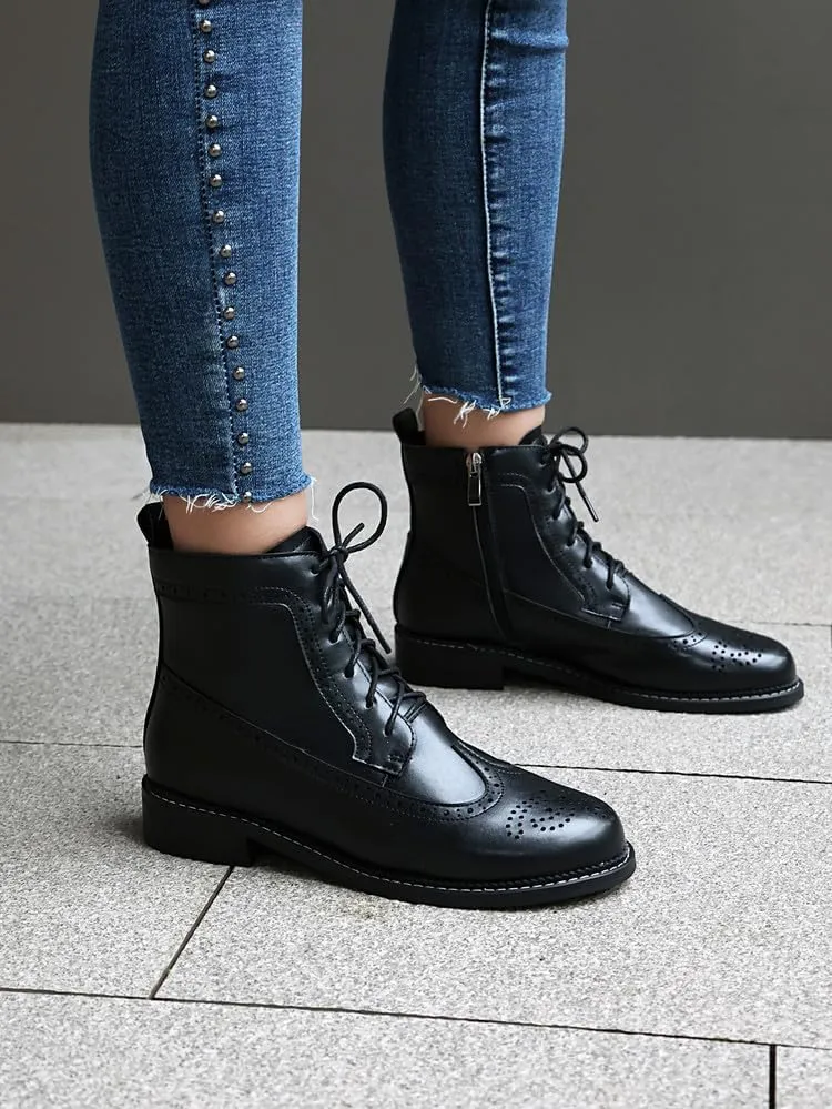 Women's Low Heel Lace Up Combat Boots Women Military Oxfords Low Heel Side Zipper Round Toe Brogue Ankle Boots