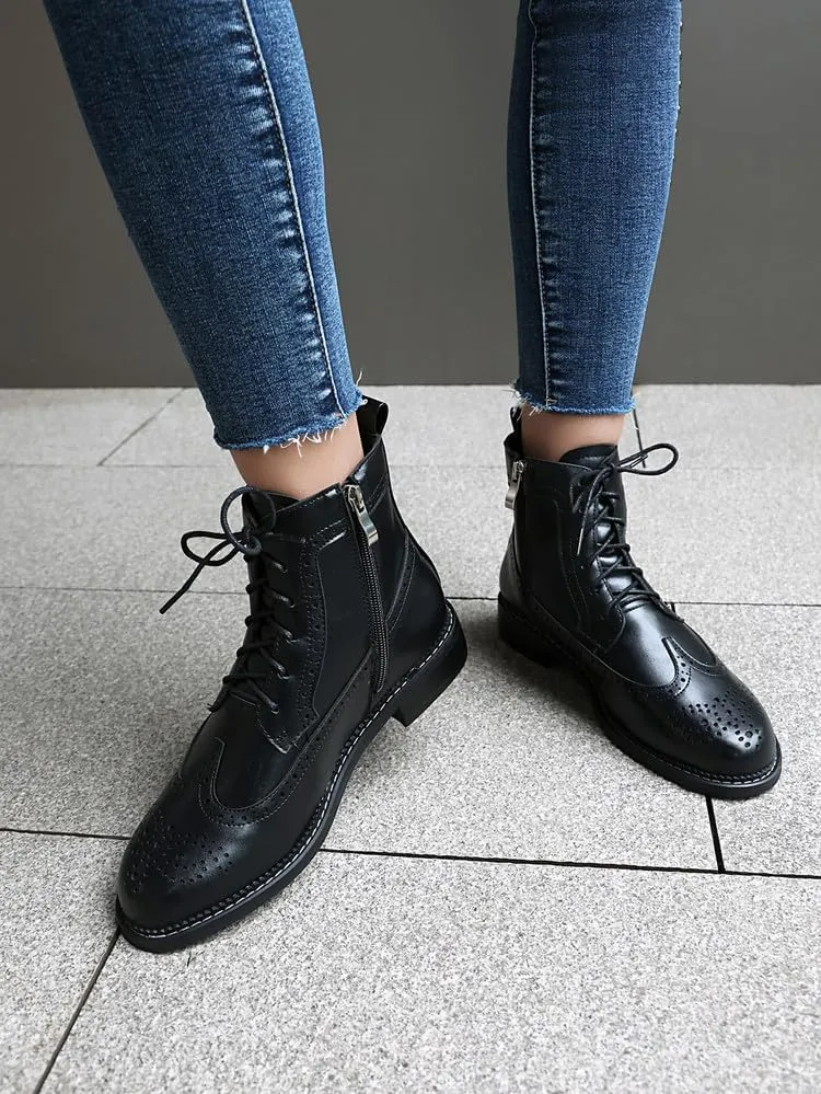Women's Low Heel Lace Up Combat Boots Women Military Oxfords Low Heel Side Zipper Round Toe Brogue Ankle Boots