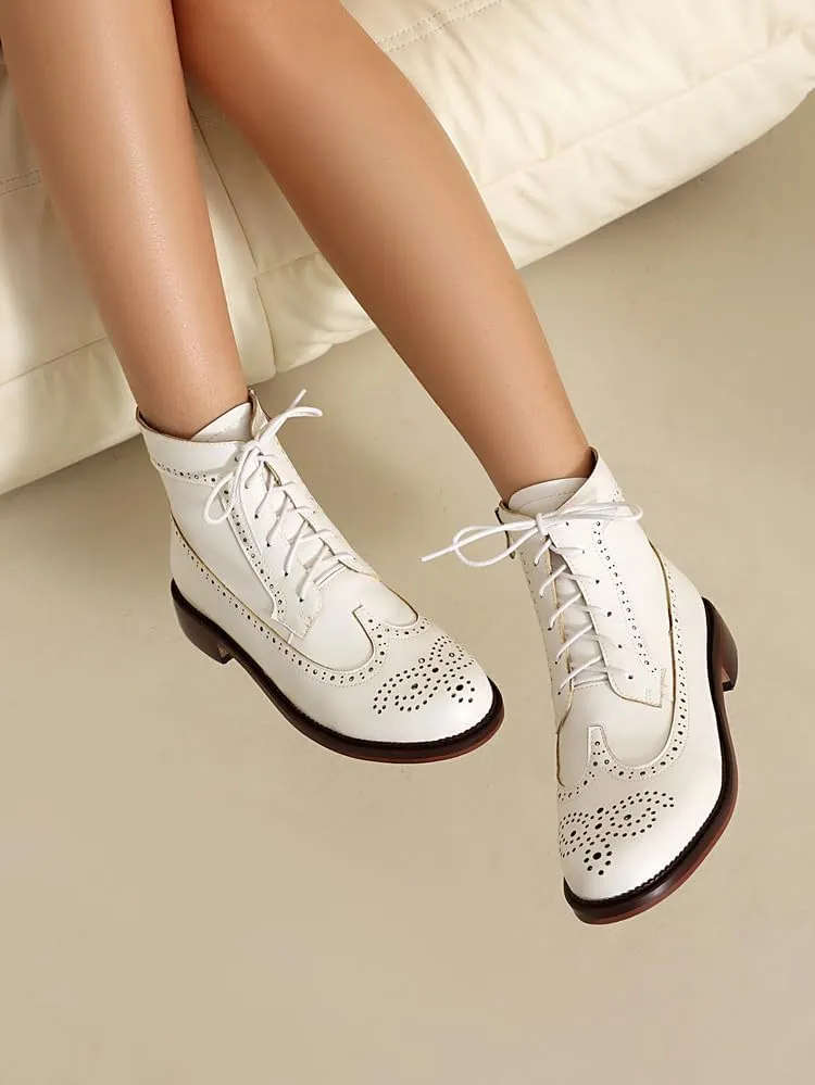 Women's Low Heel Lace Up Combat Boots Women Military Oxfords Low Heel Side Zipper Round Toe Brogue Ankle Boots