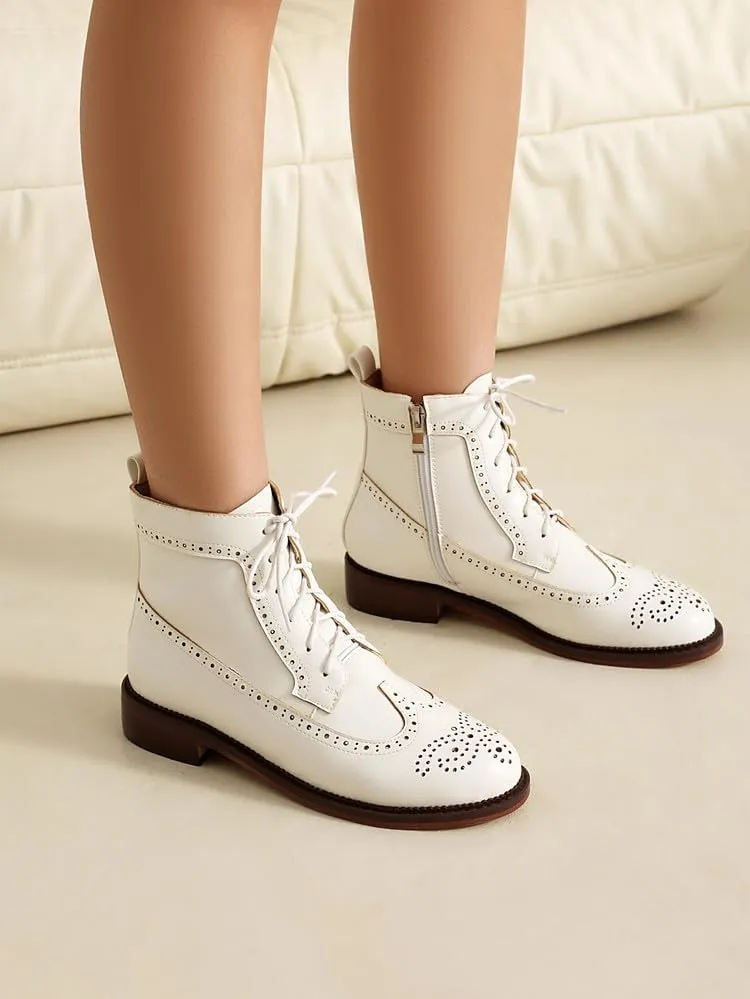 Women's Low Heel Lace Up Combat Boots Women Military Oxfords Low Heel Side Zipper Round Toe Brogue Ankle Boots