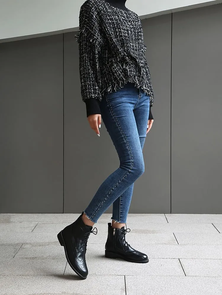 Women's Low Heel Lace Up Combat Boots Women Military Oxfords Low Heel Side Zipper Round Toe Brogue Ankle Boots