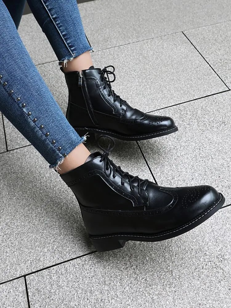 Women's Low Heel Lace Up Combat Boots Women Military Oxfords Low Heel Side Zipper Round Toe Brogue Ankle Boots