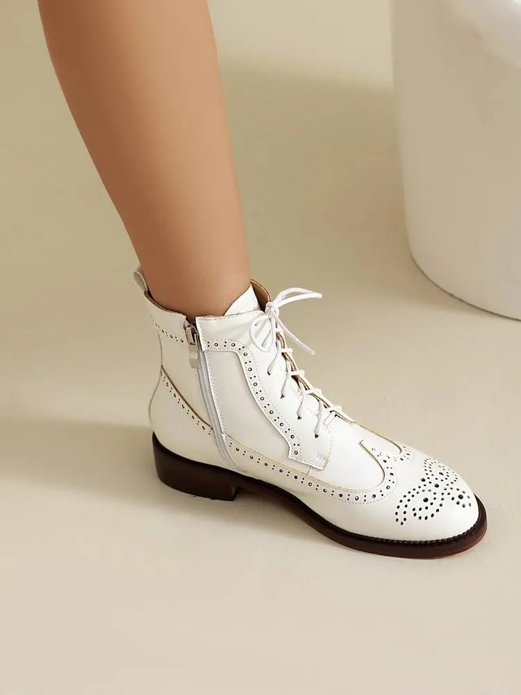 Women's Low Heel Lace Up Combat Boots Women Military Oxfords Low Heel Side Zipper Round Toe Brogue Ankle Boots