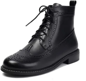 Women's Low Heel Lace Up Combat Boots Women Military Oxfords Low Heel Side Zipper Round Toe Brogue Ankle Boots