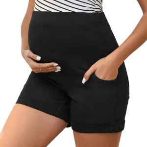 Women's Maternity Denim Over Belly High Waist Summer Casual Workout with Pockets Jeans Pregnancy Shorts