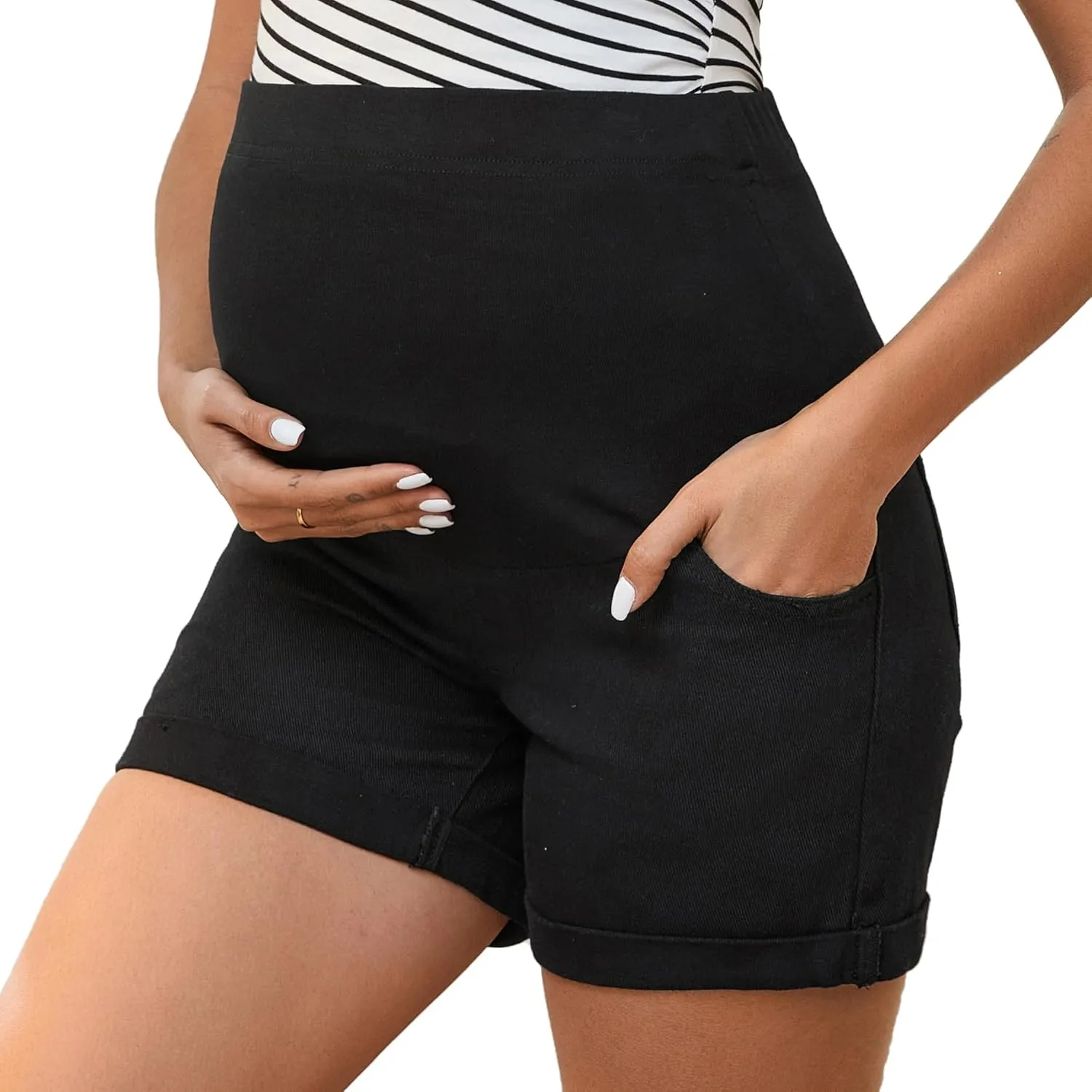 Women's Maternity Denim Over Belly High Waist Summer Casual Workout with Pockets Jeans Pregnancy Shorts